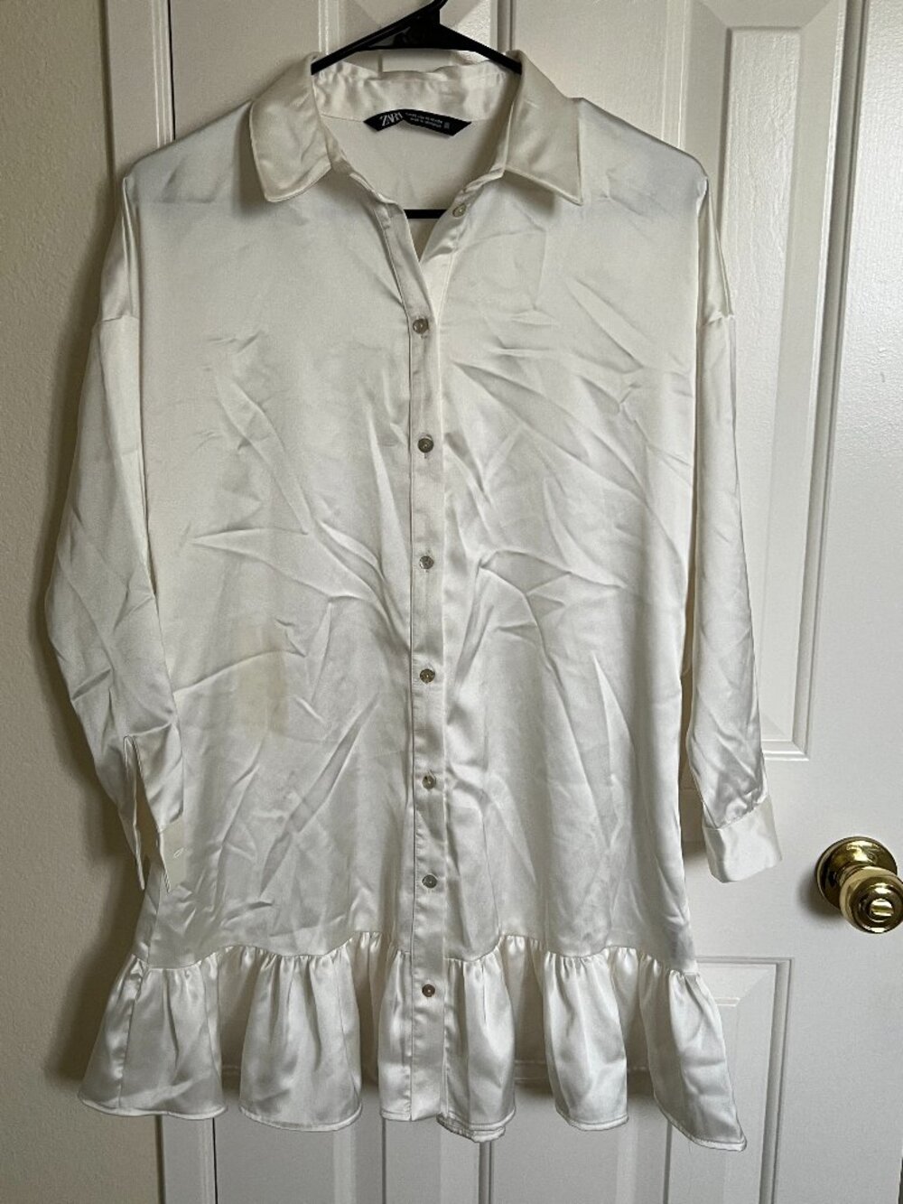 ZARA Women Satin Dress with Ruffled Flounce Hemline, white, Size XS